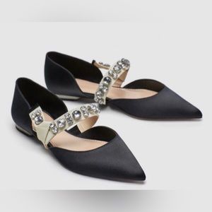 Black Satin pointed-toe flats with rhinestones